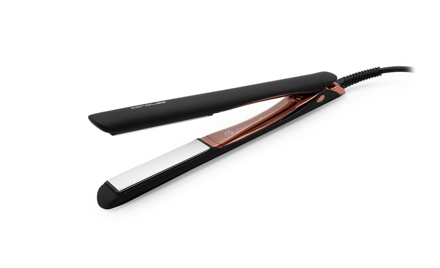 Професионална преса за коса с титаниеви плочки Corioliss C5 Black Soft Touch Copper