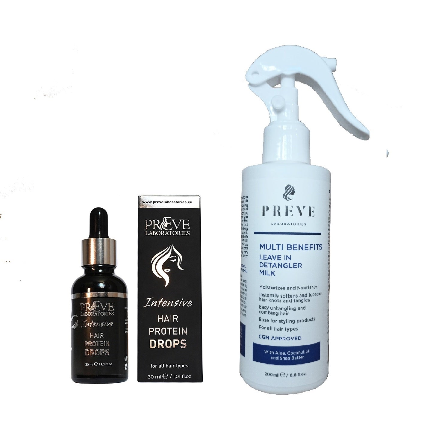 Комплект за възстановяване на увредена и суха коса Intensive Protein drops + Leave in Detangler  Preve Laboratories