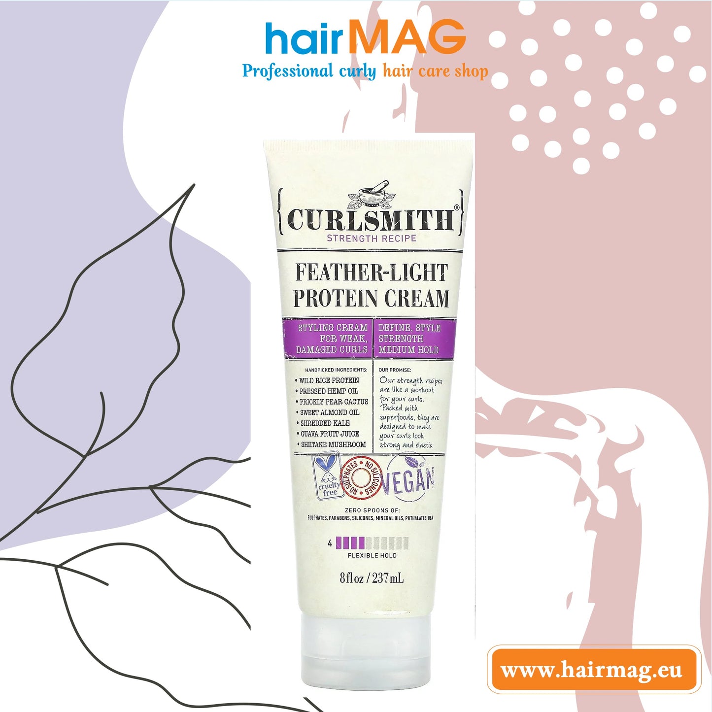 Леко задържащ протеинов крем CURLSMITH  Feather Light Protein Cream  237 ml